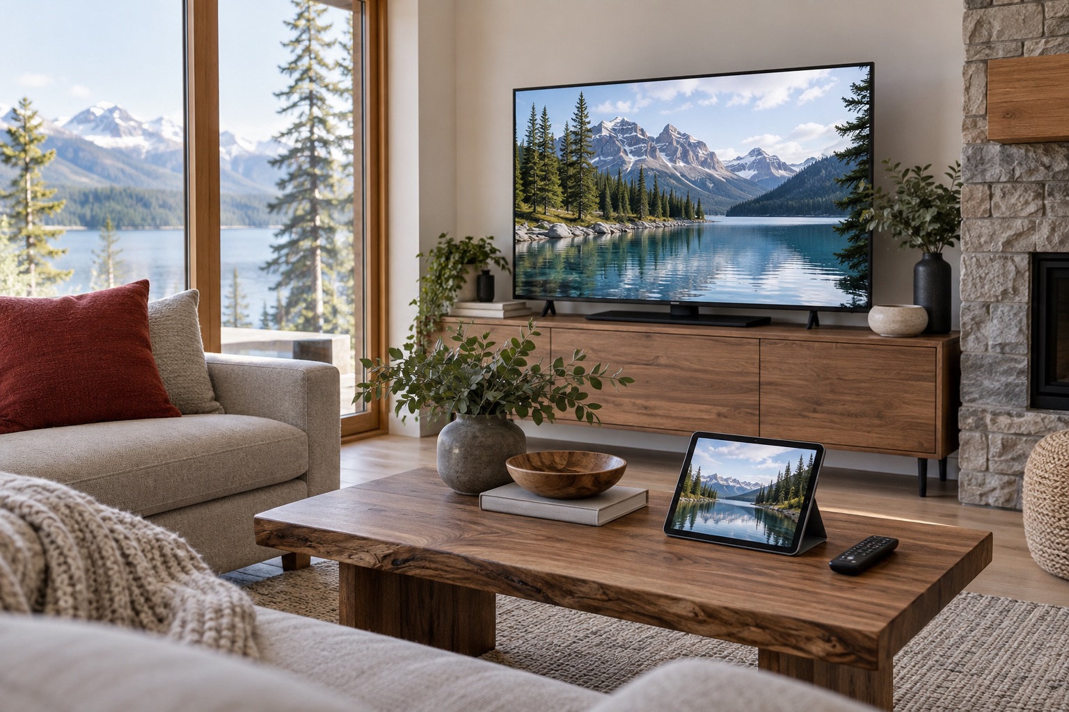 Television, tablet and remote in a living room, displaying a Canadian lake landscape
